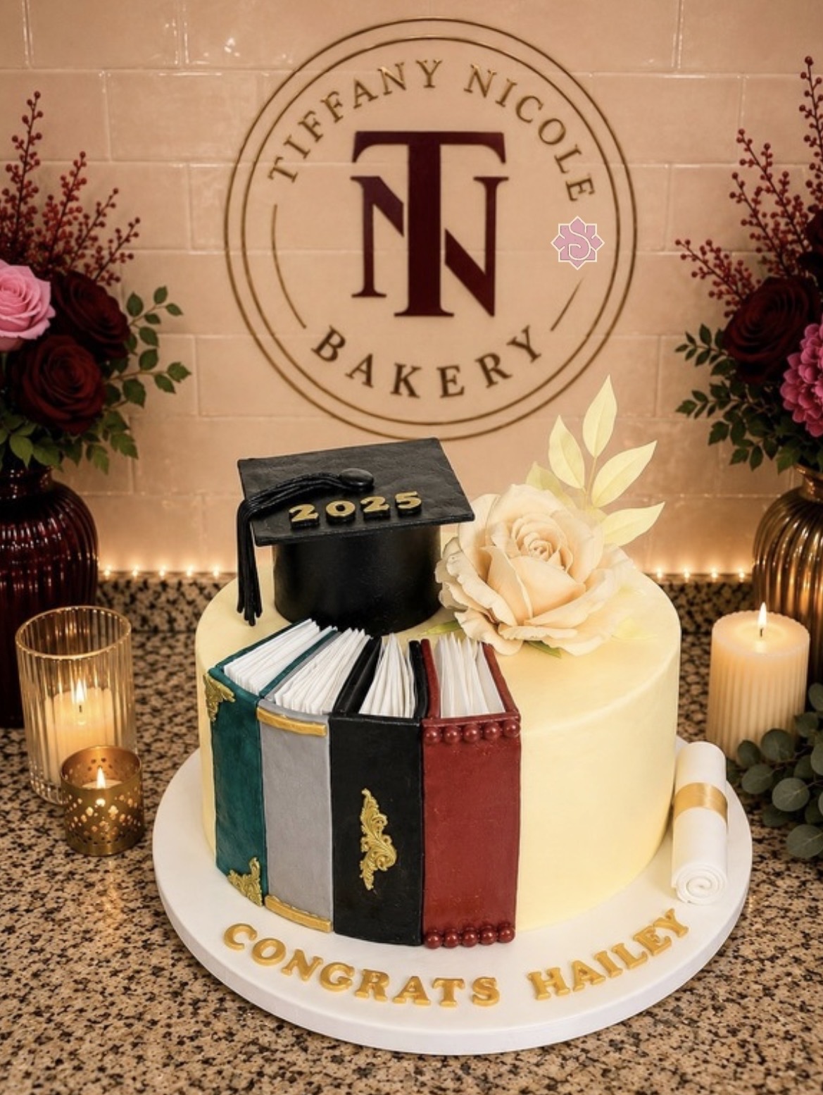 Graduation cake with sugar book toppers, cream rose and diploma