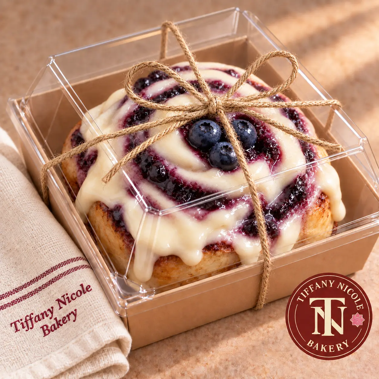 Blueberry cinnamon roll with blueberry swirl, cream cheese icing and fresh blueberries